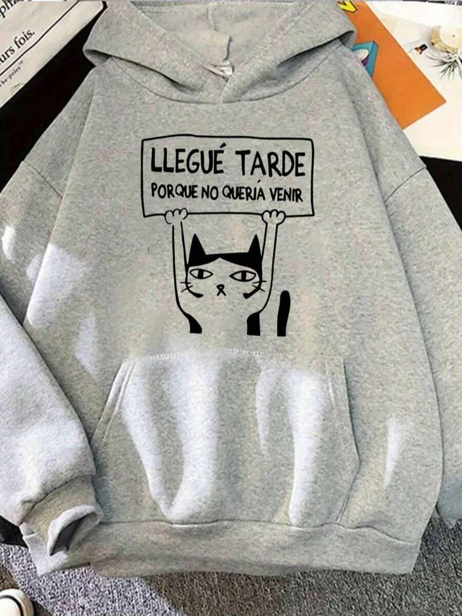 Sudadera hoodie básica mujer dama bolsillo canguro gorro capucha estampado GRAFICO DE GATO FRASES CHISTOSAS LETRAS GRAPHIC caliente frío uso diario | buena calidad | Textura Suave Fortiz - Gris - Ver 1