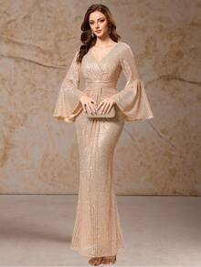 UNITHORSE فستان كوكتيل سهرة أنيق للمرأة ذو فتحة رقبة على شكل حرف V أكمام ناقوسية، مطرز برشات لامعة - لون شمبانيي - مشاهدة 6