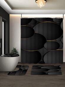 1/3/4pcs Black & Gold Circle Pattern Bathroom Set, Shower Curtain Set, Waterproof Polyester Shower Curtain & Rug, Cartoon Floral Theme, Suitable For All Seasons, Hand Wash Only, Includes 12 Durable Plastic Hooks, Bathroom Accessories - Multicolor - View 19