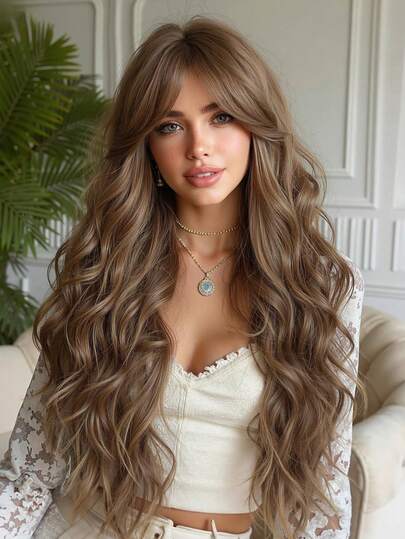 Diadema de 26 pulgadas de color marrón claro con rizos largos, peluca elegante para damas, peluca sintética tejida resistente al calor, perfecta para vacaciones, fiestas, actuaciones, Halloween y Navidad, uso diario, peluca de Halloween, regalo de vacaciones para niñas