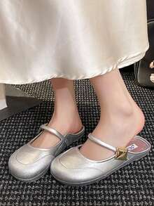 Women's Simple Hollow Woven Mule Slippers, Slip-On Flat Shoes, Indoor Slippers, Outdoor Fashionable Comfortable Casual Shoes - Silver - View 2