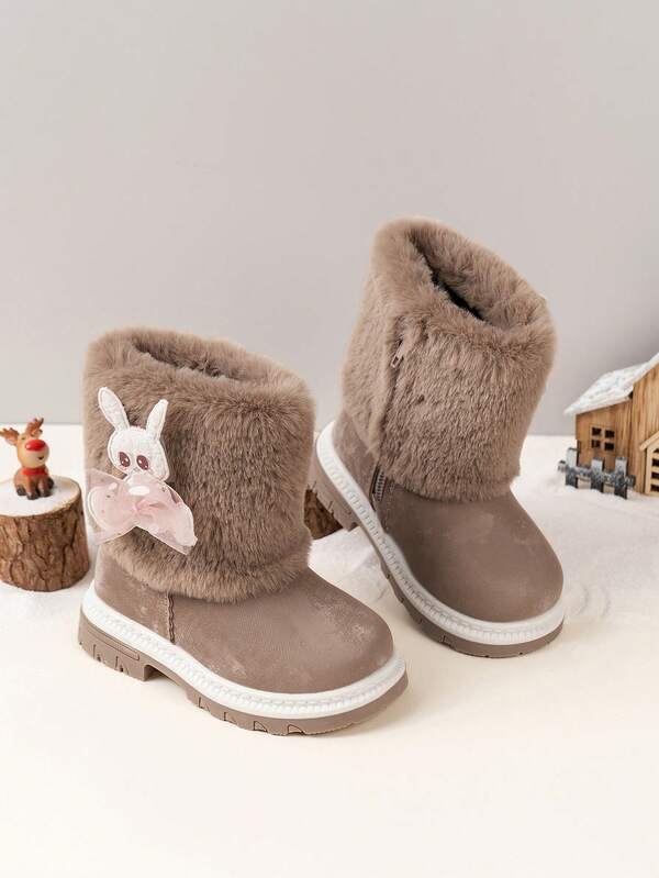 1 par de botas de nieve con cremallera lateral, cómodas y ligeras de peluche para niñas, adecuadas para uso diario al aire libre en otoño/invierno