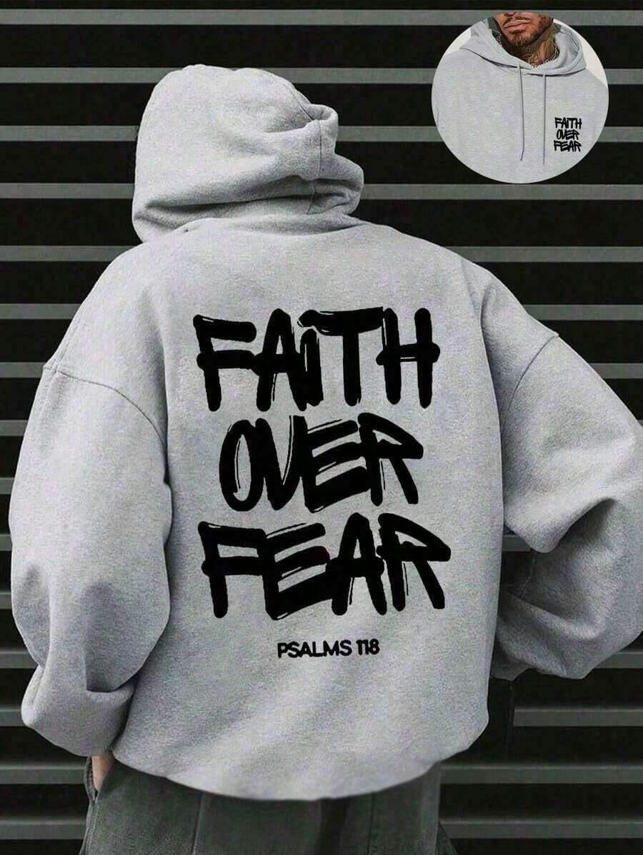 Faith Over Fear, Letter Print Pocket Hoodie, Men's Casual Long-Sleeve Drawstring Style, Autumn & Winter New-Unisex Loose-Fit Hooded Sweatshirt-K88 - Grey - View 1