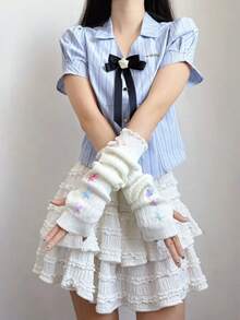 1双甜美可爱芭蕾舞风格系带臂套，针织白色半指手套袖套，洛丽塔公主风臂套，适合约会/日常穿着 - 251#白+粉絲帶 - 查看 8