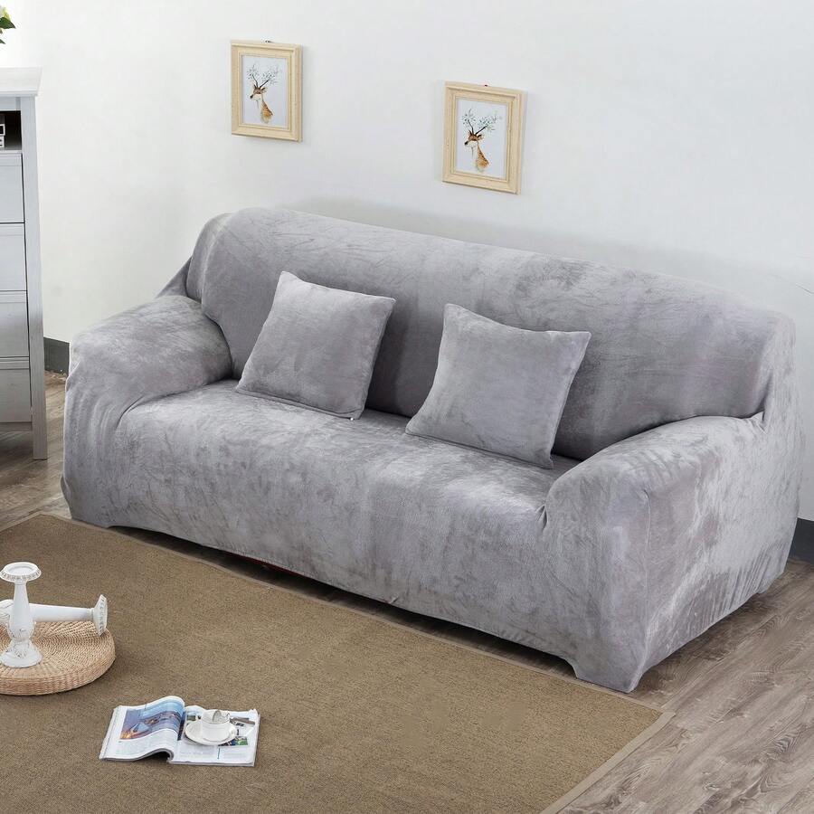 Soft Stretch Sofa Cover Thick Plush Slipcover Furniture 360° Full Protector Sofa Non-Slip With Elastic Bottom Washable - Silver Gray - View 1
