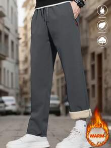 男士冬季羊毛保暖裤，休闲直筒裤，带拉链口袋和抽绳，舒适且易于搭配。