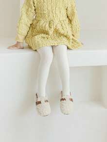 1pc Children's Pure Cotton Solid Striped Knit Fashionable Versatile Comfortable Simple Tights - White - View 3