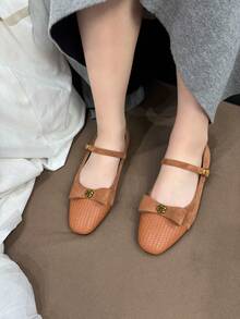 New Autumn/Winter Flat Shoes For Teens, Minimalist Bow Decor Square Toe, Comfortable One-Strap Buckle, Versatile Casual Elegant All-Match Everyday Wear