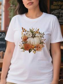 Camiseta casual para mujeres de 220g de algodón puro gruesa y cómoda con diseño de calabaza blanca y flores de otoño de estilo vintage - Blanco - Ver 2