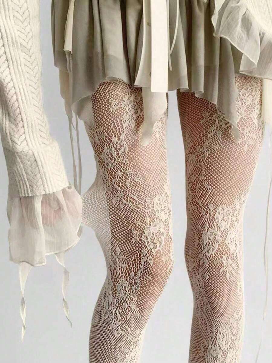 ROMWE Kawaii White Floral See-Through Fishnet Tights - màu đen - Xem 1