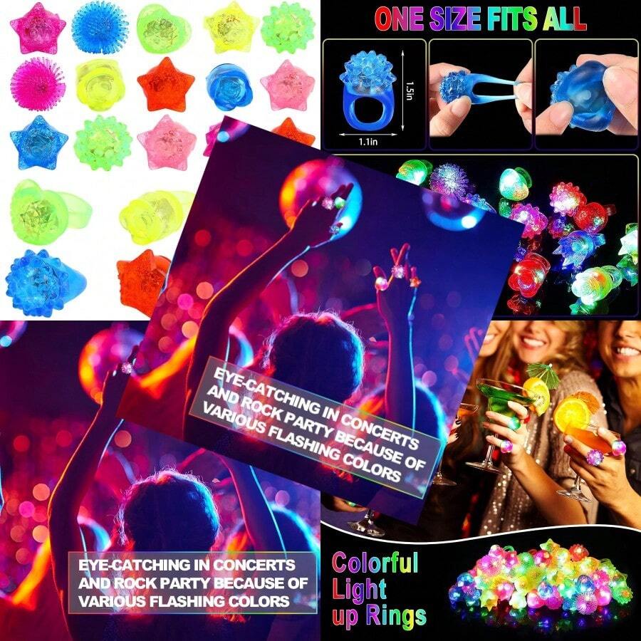 CCINEE 24Pcs Light Up Rings Flashing Assorted Colorful LED Rubber Bumpy Jelly Rings Glow In Dark Finger Toys For Party Supplies Prizes Novelty Gifts Party Bag Filler
