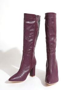 Women's Pointed Toe Chunky Heel Ankle Boots, Fashion Versatile Ankle Boots For Spring, Autumn & Winter - Burgundy - View 8