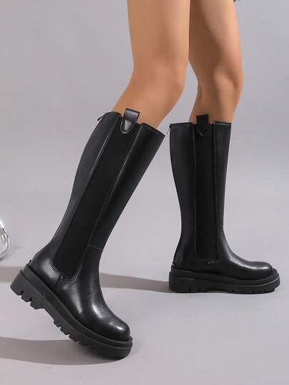 Europäischer und amerikanischer Stil Damen Stiefel mit rundem Zehenbereich, knöchellang, Overknee Reitstiefel, dicke Sohle, komfortabel, modisch, Große Größen, elastisch