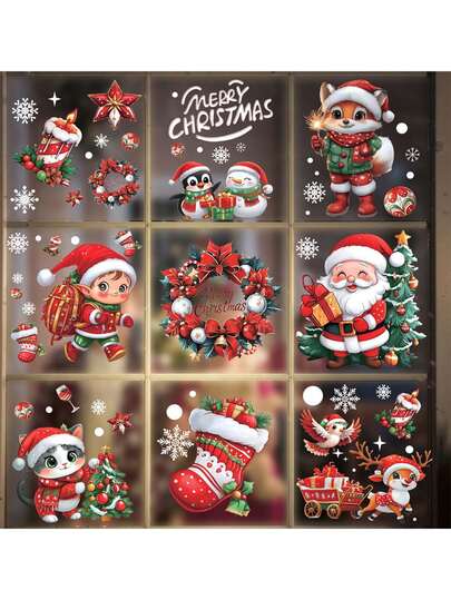 112pcs Christmas Window Clings Set - 7.6x11.6 Inches, PVC Static Stickers, Suitable For Indoor & Outdoor Decoration, With Santa Claus, Christmas Tree, Snow House, Reindeer, Christmas Atmosphere Decor Wall Stickers Room Decor Wall Sticker Wall Decor Home Decor Christmas Decorations Christmas Decorations Home