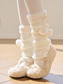 1 Paar Y2K süße Beinwärmer, flauschige Lammwoll Oberschenkel Beinwärmer, Lolita Mädchen Pompon Flauschige kurze Beinwärmer, elegant, bequem, weich, lässig, geeignet für Frühling, Sommer, Herbst, Winter, japanischer Stil elegant bestickte Gänseblümchen lässige Beinwärmer