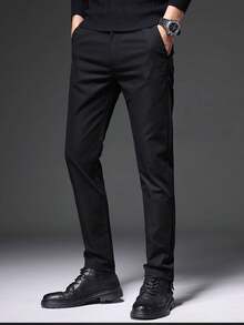 Men's Black Casual Pants, Wrinkle-Resistant, Four-Way Stretch, Slim Fit, Straight Leg, Business, Spring & Autumn New Style
