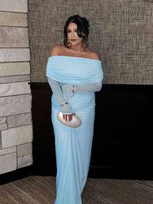 JustVH Maternity Contrast Mesh Off-Shoulder Dress Ruched Mermaid Hem For Baby Shower Elegant Stretch Maxi Outfit Photoshoot