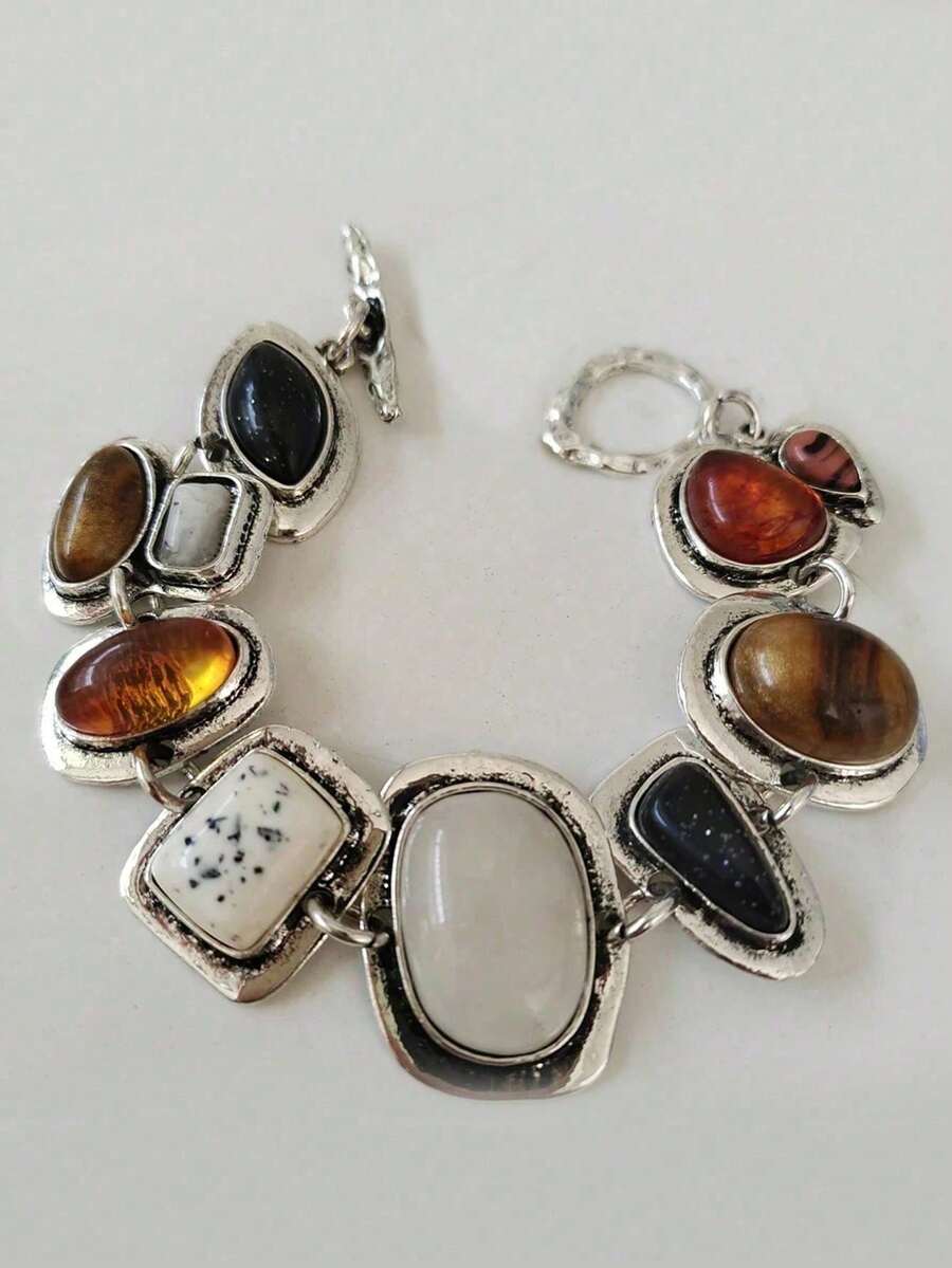 1 pieza Brazalete de cadena de metal hueco vintage bohemio (color de resina aleatorio) - Plata antigua - Ver 1