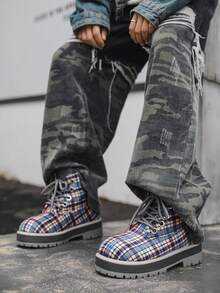 Nuevas botas de media caña de moda de otoño/invierno con estampado de pata de gallo clásico, botas de tobillo con cordones auténtico y suela gruesa para hombres