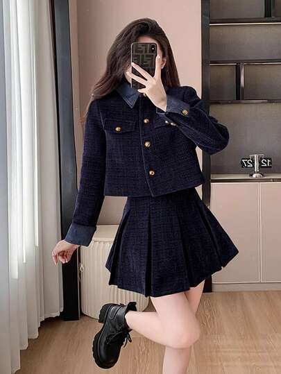 Autumn And Winter French Style Women's Red Temperament Ladies' Dress Women's Zodiac Year Clothing New Year's Combat Robe Pleated Skirt Two-Piece Suit