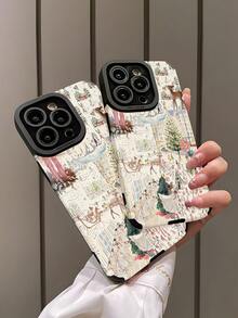 1pc Christmas Limited Edition Vintage Minimalist Snowy Landscape Pattern Vertical Textured Stylish Shockproof Anti-Fingerprint Phone Case, Compatible With Apple And Models