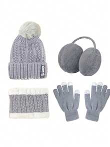 Set de 4 piezas de sombrero de invierno para mujer que incluye gorro, cuello, guantes y orejeras. Forrado de felpa gruesa con pompones lindos. Guantes con pantalla táctil para deportes de invierno y actividades al aire libre.