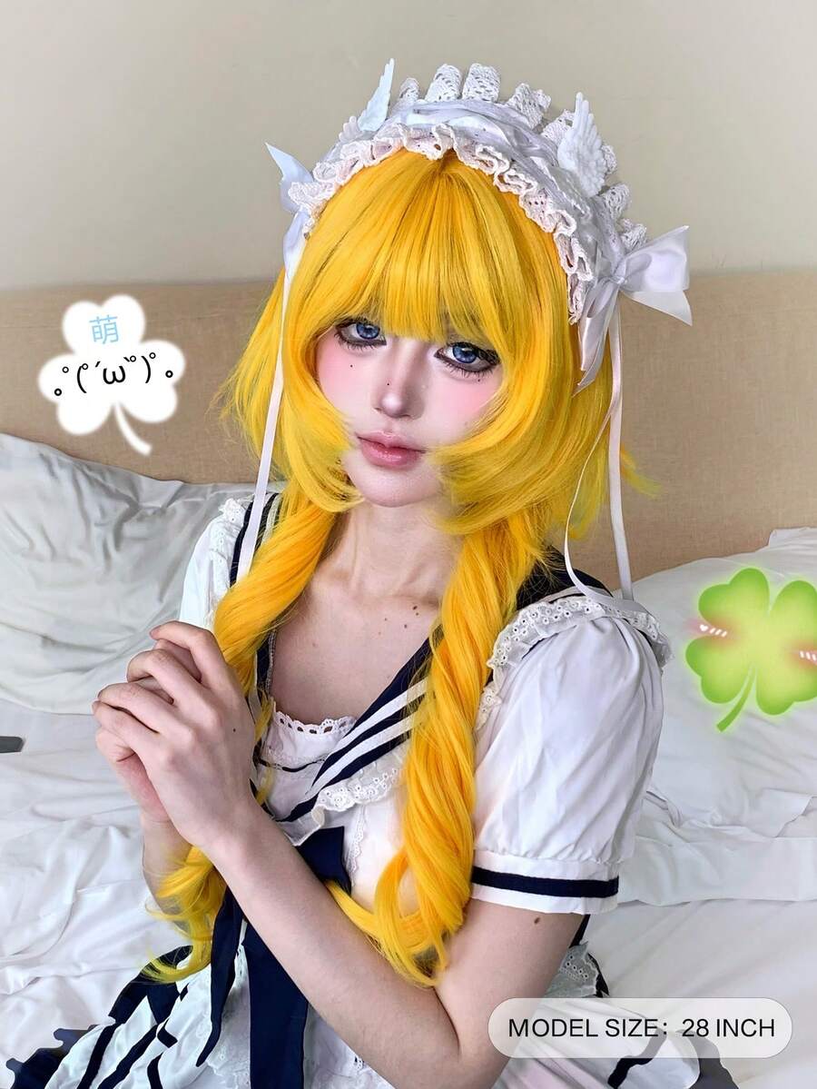 alicegarden 1 片合成耐热卷发，柠檬黄长卷假发，刘海造型，28 英尺长，纤维制成，适合日常使用，自然逼真的假发。 - 黃色 - 查看 1