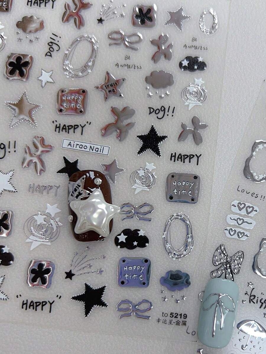 1pc Metal Nail Art Stickers, DIY Handmade Nail Decals Featuring Stars, Moons, Apples, Pentagrams, Doodles, Cute Cats, Sweet & Spicy Y2K Style Nails Nail Supplies - Grey - View 1
