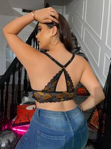 Lencería con estampado de calabaza traviesa de encaje negro, tela suave y amigable con la piel, adecuada para varias ocasiones [Disfraz de Halloween]