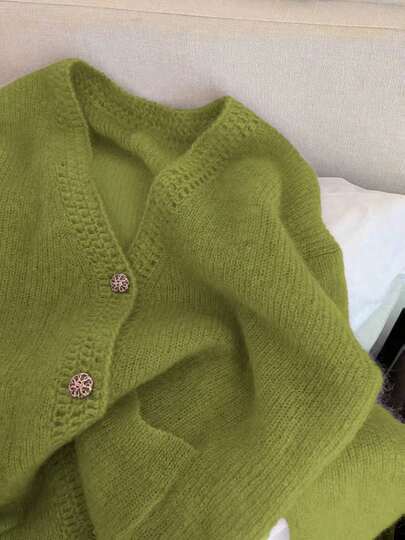 Casual Mohair Solid Color Knit Fabric Button Front Long Sleeve Hollow Sweater, Suitable For Everyday Wear And Dates, Spring/Autumn