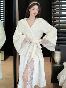 1 件冬季花卉羊毛睡袍浴袍，加厚连帽长毛绒睡袍，舒适温暖，蕾丝睡衣 - 彩色 - 查看 1