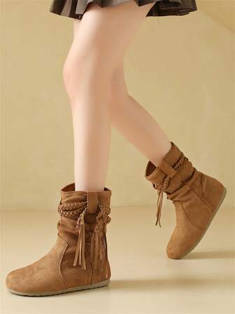 Women's Comfortable Short Boots, Woven Fringe Fashion Ankle Boots, Round Toe Casual Pleated Slouch Boots, Versatile For Commuting