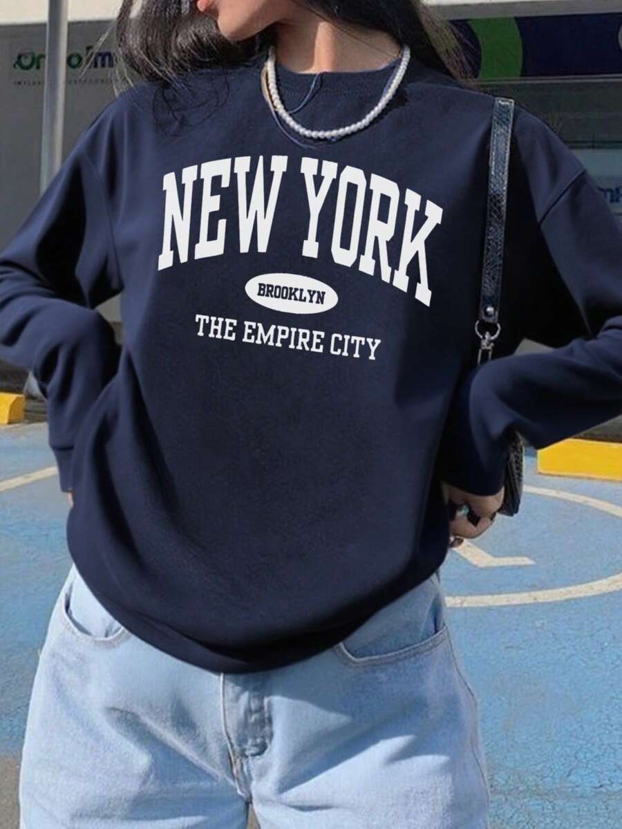 Women's Autumn And Winter NEW YORK Slogan Graphic Round Neck Long Sleeved T Shirt ,Casual Loose And Versatile Holiday Style Tops,Fashionable Fall Women Clothes Suitable For Daily Wear