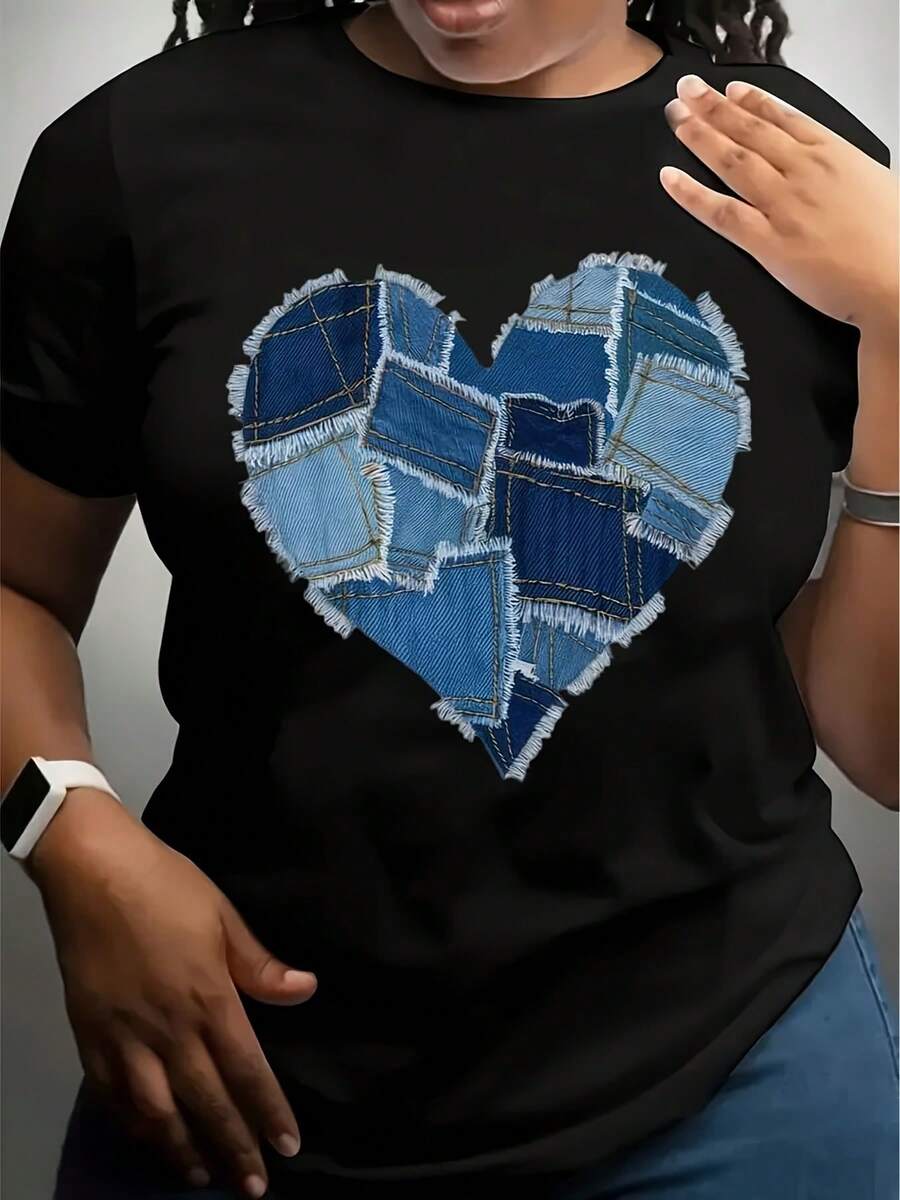 Distressed Denim Heart-Shaped Wonmen'S Plus Size Sports Short Sleeve T-Shirt,220g