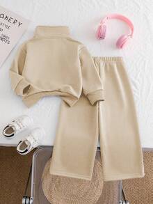 Chatreadl مجموعة بنطلون وبلوزة بنقشة وحيد القرن مطرزة للبنات، بتصميم بسيط، مريحة للربيع والخريف والشتاء، قطعتان - لون مشمشي - مشاهدة 2