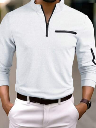 Men Textured Waffle Fabric Front Zipper Left Sleeve Real Zipper Pocket Long Sleeve Stand Collar Street Outdoor Casual Shirt, Fall