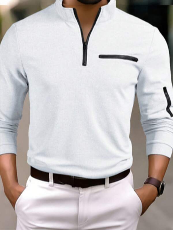 Men Textured Waffle Fabric Front Zipper Left Sleeve Real Zipper Pocket Long Sleeve Stand Collar Street Outdoor Casual Shirt, Fall