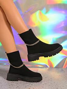 New Plus Size Women Boots, Elastic Band, Chain Decor, Knit, High-Top, Breathable, Lightweight, Casual, Versatile, Suitable For Spring, Autumn And Winter - Black - View 4
