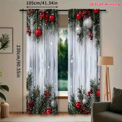2D Flat, 2 Panels, 2D Printed Christmas Tree & Ornament Pattern Curtain, Christmas Curtain, Rod Pocket Installation, Digital Printing Curtain, Suitable For Living Room, Wardrobe, Kitchen, Bedroom, Study