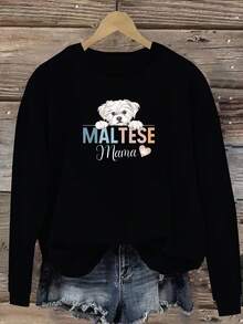 1 Piece Women's Casual Long Sleeve Round Neck Sweatshirt With Maltese Mom Print, Polyester Fabric, Regular Length, Suitable For All Seasons Fashion Top Loose And Comfortable Valentine Sweatshirts - màu đen - Xem 2