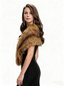 1pc Women's Elegant Faux Fur Shawl, V-Neck Thick Faux Fur Shawl With Pleated Design, Suitable For Party, Prom, Bride & Bridesmaid - Khaki - View 9