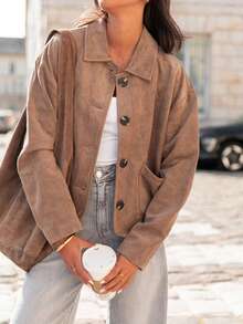 Women's Solid Color Faux Suede Fleece Pocket Button Front Casual Jacket, Suitable For Autumn And Winter - Khaki - View 3