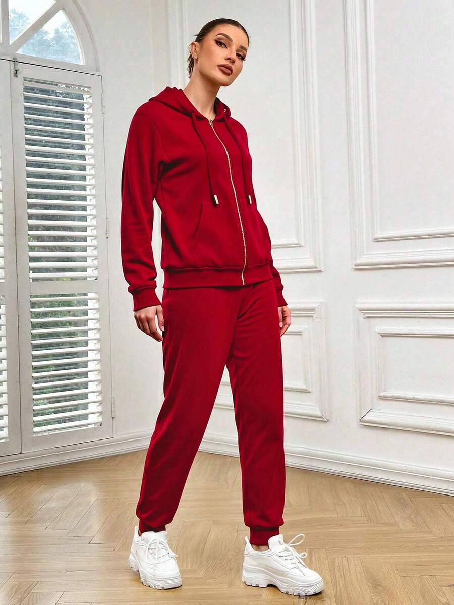 Conjunto casual 2 piezas con sudadera, gorro, cordones y pantalón con bolsillos - Rojo - Ver 1