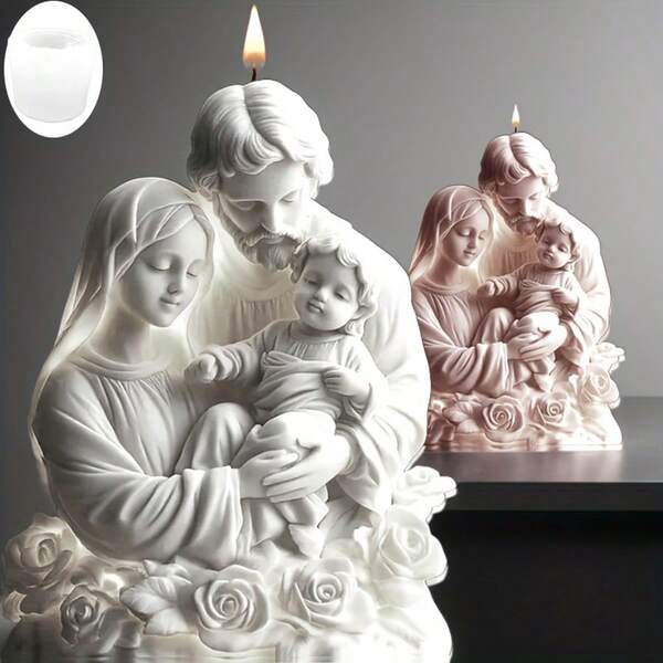 1 pieza Molde de silicona blanco de la Sagrada Familia de Jesús - Figuras religiosas pintadas a mano que incluyen a Jesús, María, José; Molde reutilizable y duradero para hacer velas, yeso o resina, ideal para regalos de Navidad y decoración del altar de la iglesia del hogar