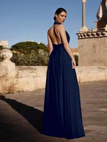 Solid Color Knit Fabric Backless High Slit Zipper Jumpsuit, Suitable For Holidays, Birthdays, Parties, Back To School, Singles' Parties, Stages And Concerts, Spring/Summer - Navy Blue - View 3