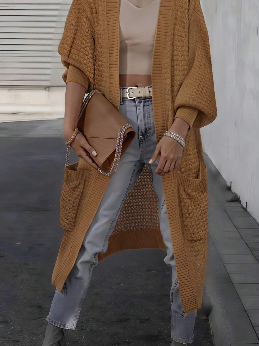 Cárdigan de punto ligero talla grande para mujer, suéter de lana de cuello en V de manga larga con bolsillos y punto acanalado, adecuado para todas las estaciones - Camel - Ver 1