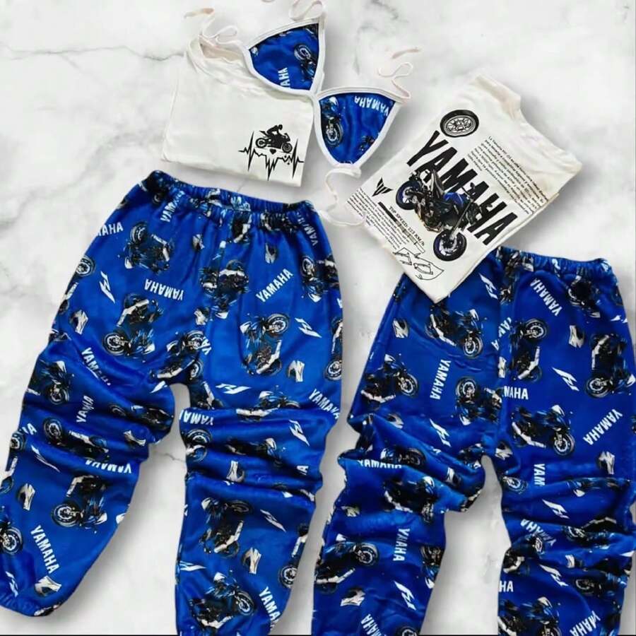 DUOS DE PIJAMA PARA PAREJA 5 PZAS  2 JOGGER, 2 PLAYERA Y 1 TOP - Azul - Ver 1