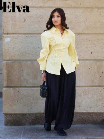 Camisa amarillo claro con botones para mujer, tops de trabajo para mujer, ropa de mujer para otoño, camisa de Pascua, ropa de vuelta al colegio, camisas casuales de negocios para mujer, adecuadas como regalos para parejas en Navidad, Año Nuevo y ropa de mujer para otoño e invierno, camisas para bodas