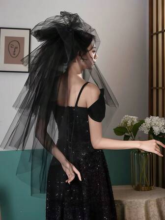 1pc Black 6-Layer Tulle Veil, Photography Prop For Wedding, Party, Cosplay, Elegant Retro Style, With Hair Comb, 100cm Length, Suitable For Waist And Hip, Simple And Chic Short Veil, Halloween Costume Accessory