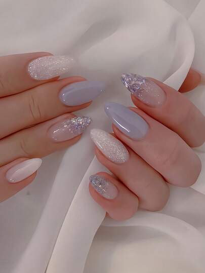 Complete Set Of 24 Long Almond-Shaped Press-On Nails Featuring A Translucent, Fine-Shimmer Mist Blue Design. Includes 1 Gel Adhesive And 1 Nail File. Perfect For Parties, Dance Events, And Everyday Wear. Removable And Reusable.